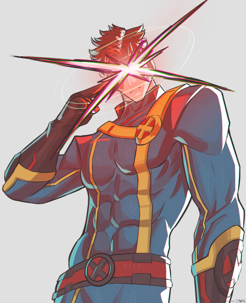1boy, absurdres, blue_bodysuit, bodysuit, brown_hair, cyclops_(x-men), eric_tran, eye_beam