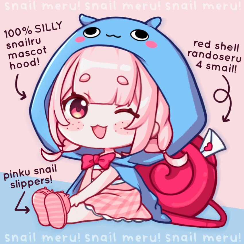 1girl, :3, animal-themed_footwear, animal_slippers, backpack, bag, blue_background, blue_cape