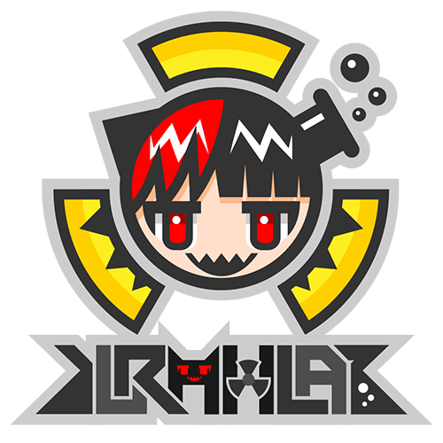 asymmetrical_hair, black_hair, bubble, copyright_logo, copyright_name, head_only, kurahlab, logo, lowres, radiation_symbol, radioa_kurara, red_hair, test_tube, transparent_background