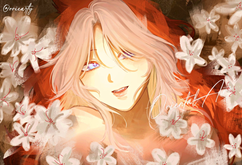1girl, animal_ears, artist_name, blue_eyes, flower, hair_over_one_eye, horse_ears, horse_girl, lips, looking_at_viewer, multicolored_hair, orange_hair, oriental_art_(racehorse), orientala75259, original, parted_lips, solo, twitter_username, two-tone_hair, umamusume, white_flower, white_hair