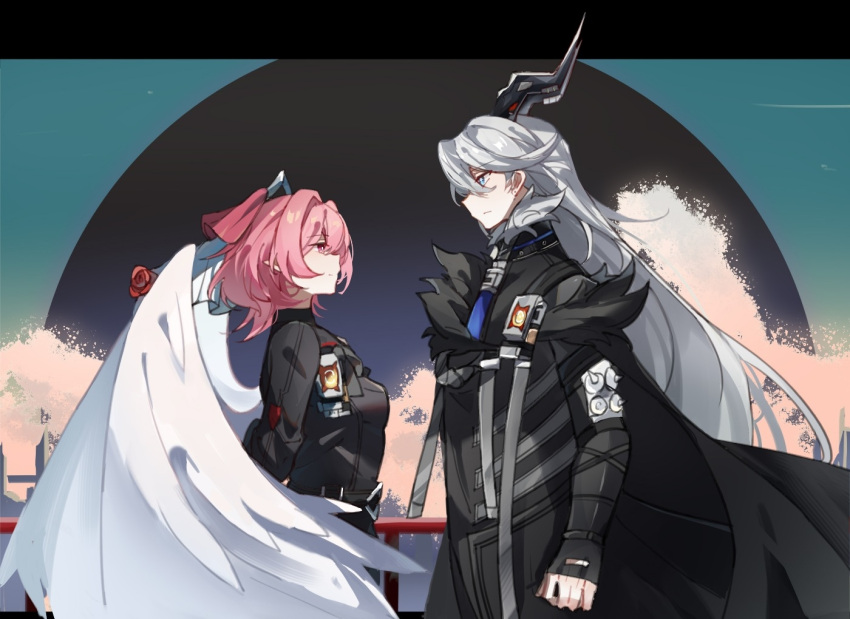 2girls, black_coat, black_dress, black_horns, blue_eyes, breasts, chinese_commentary, coat