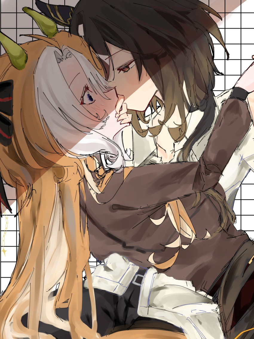 2girls, animal_ears, black_hair, black_pants, blue_eyes, blush, brown_eyes, commentary_request, covering_another's_mouth, half-closed_eyes, highres, holding_hands, horse_ears, horse_girl, multicolored_hair, multiple_girls, orange_hair, oriental_art_(racehorse), pants, shirt, stay_gold_(umamusume), two-tone_hair, umamusume, umamusume_horse_relations, white_hair, white_shirt, yeaaah_woohoo, yuri