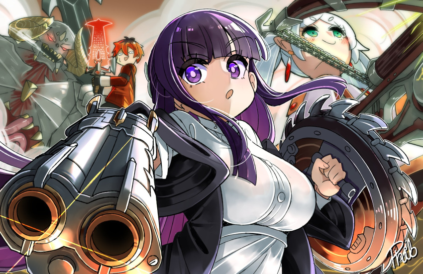 1boy, 2girls, black_gloves, closed_mouth, commentary, crucible_(doom), cyberdemon, doom_(series)