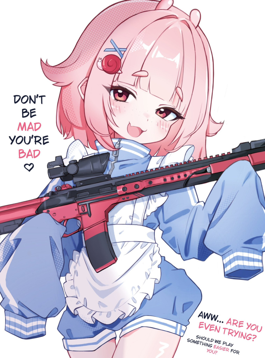 1girl, :3, alternate_costume, antenna_hair, apron, assault_rifle, blue_track_suit, blunt_bangs