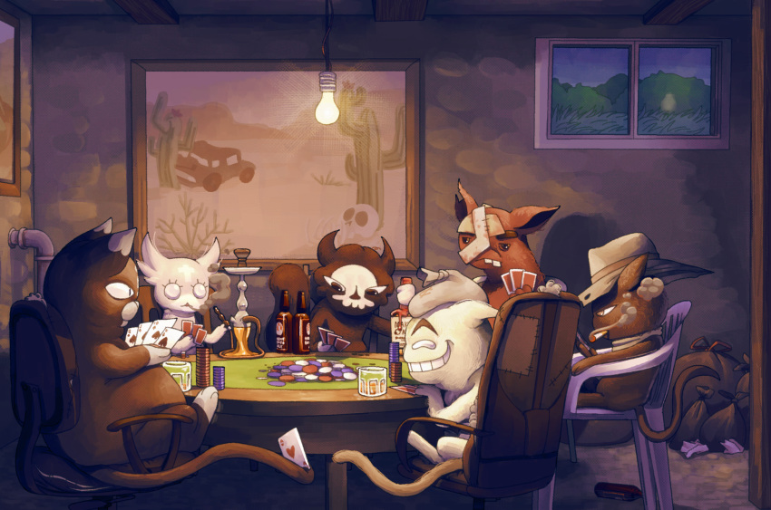 2girls, 3boys, animal_ears, beer_bottle, bottle, card, cat_boy, cat_ears, cat_girl, cat_tail, chair, commentary, commission, cowboy_hat, cup, dack_(mewgenics), drinking_glass, drinksss, english_commentary, furry, furry_female, furry_male, gambit_(mewgenics), gein_(mewgenics), grin, hat, highres, holding, holding_card, hookah, indoors, light_bulb, marshmallow_(mewgenics), mewgenics, morana_(mewgenics), multiple_boys, multiple_girls, playing_card, poker, poker_chip, sitting, smile, smoke, table, tail, trash_bag, whisky_glass, window, zodiac_(mewgenics)