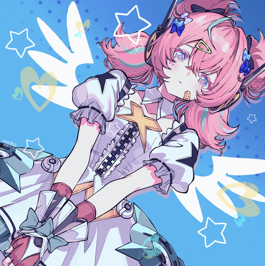 1girl, aqua_hair, aqua_streaks, aria_(human)_(zenless_zone_zero), aria_(zenless_zone_zero), bandaid, bandaid_on_face, blue_background