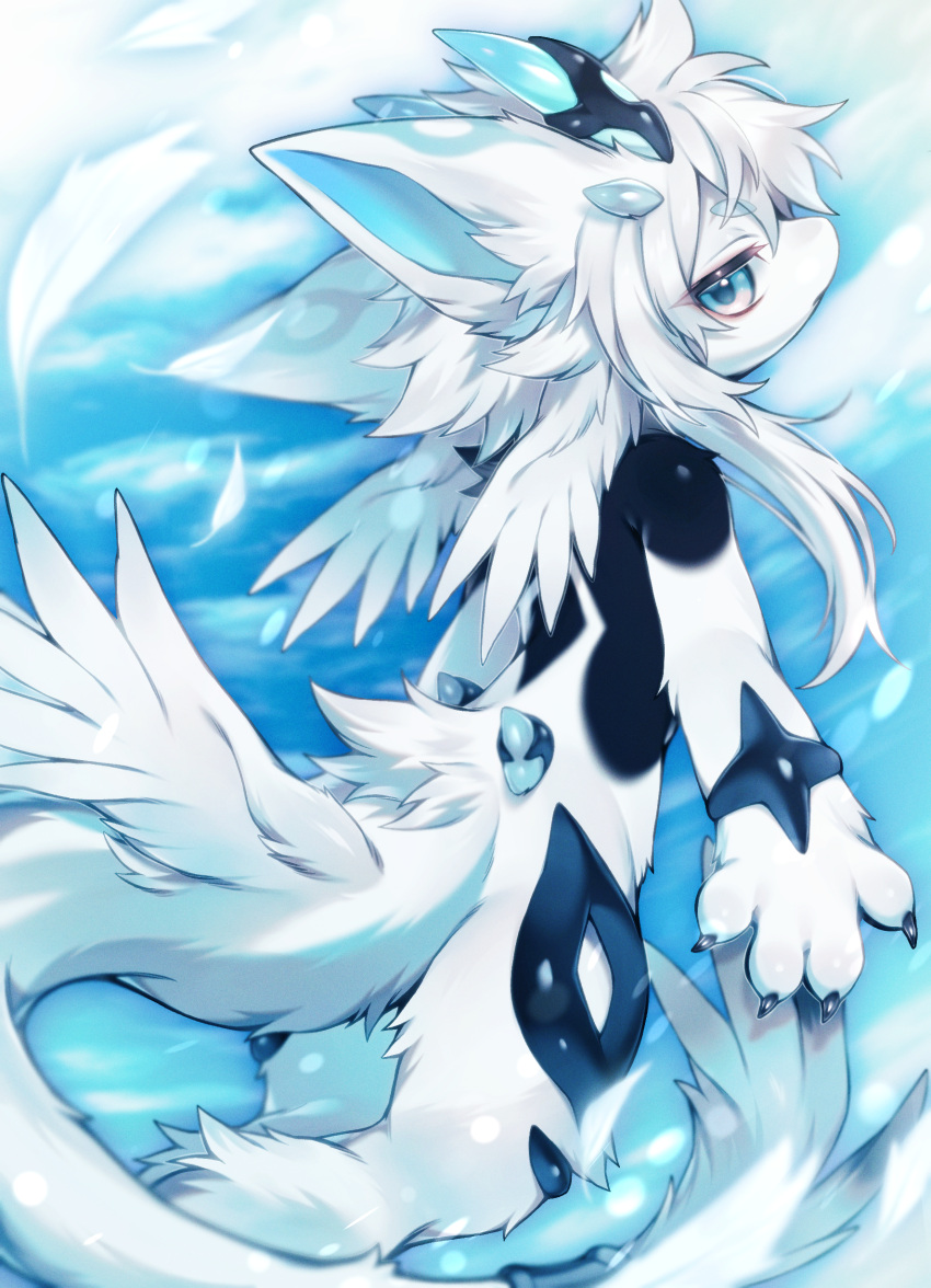 0suzu_illust, 1boy, absurdres, arms_at_sides, blue_eyes, blue_sky, blurry, bokeh