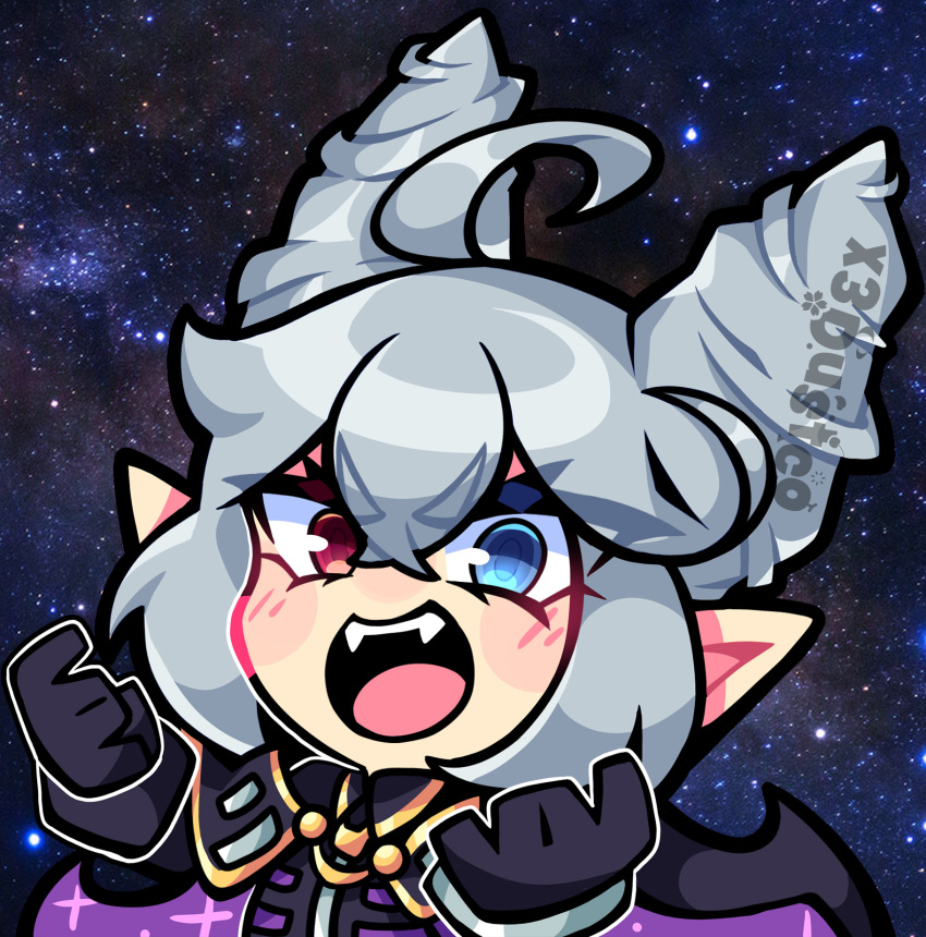 1girl, ahoge, black_gloves, blue_eyes, cape, chibi, commentary, english_commentary