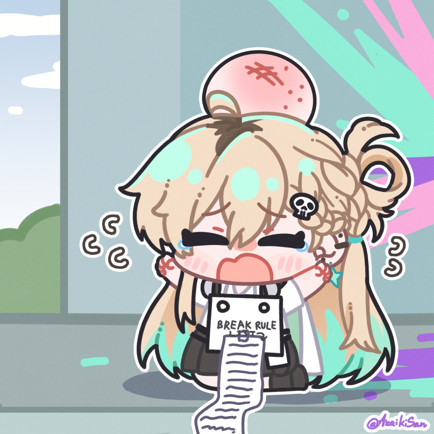 1girl, azaikisan, blonde_hair, braid, braided_bangs, chibi, closed_eyes, colorful_background