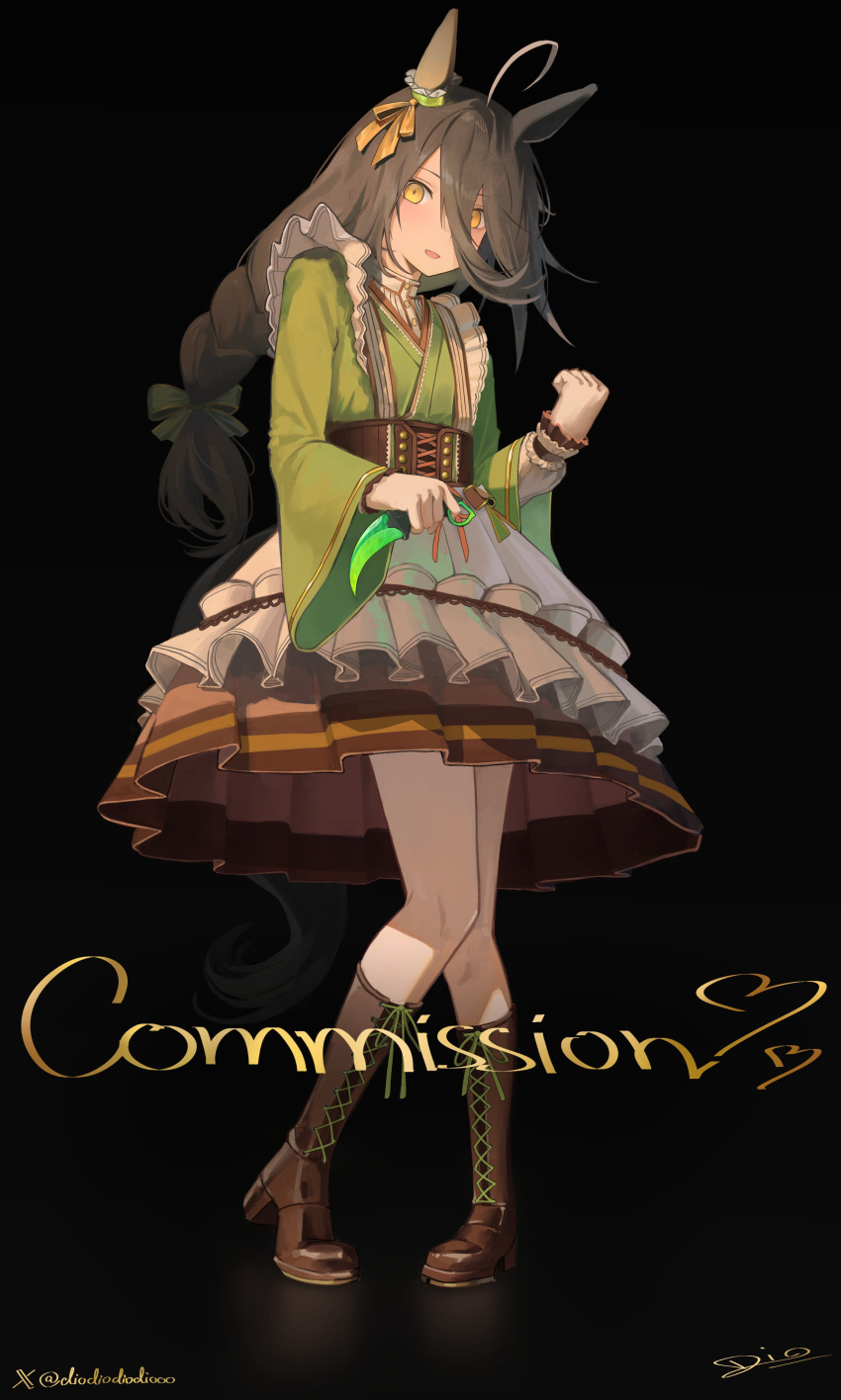 1girl, absurdres, ahoge, animal_ears, black_hair, blush, boots, brown_boots