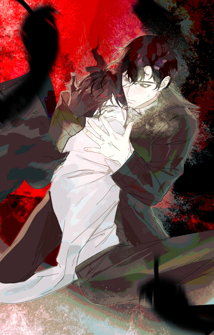 2boys, absurdres, black_coat, black_eyes, black_gloves, black_hair, black_pants, closed_eyes