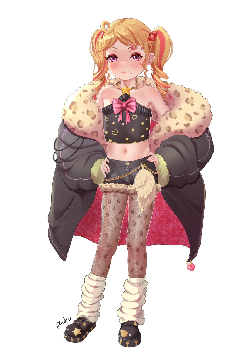 :3, andro_gs, bare_shoulders, blonde_hair, blush, chest_bow, flat_chest, gyaru, hair_ornament, hands_on_own_hips, heart, heart_hair_ornament, heartsync, highres, leg_warmers, loli, medium_hair, midriff, mole, mole_under_mouth, multicolored_hair, navel, pantyhose, pink_hair, siena_olena, star_pendant, twintails, two-tone_hair, violet_eyes, virtual_youtuber