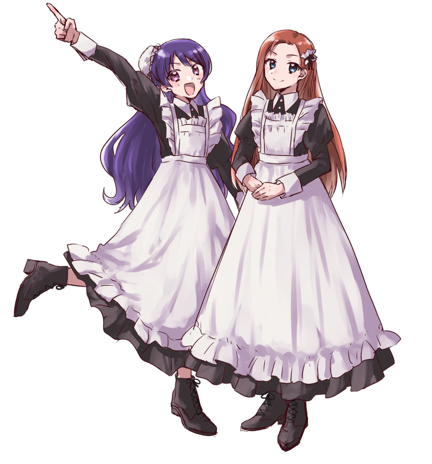 2girls, :d, ageha_mia, apron, arm_up, black_boots, black_dress, blue_eyes