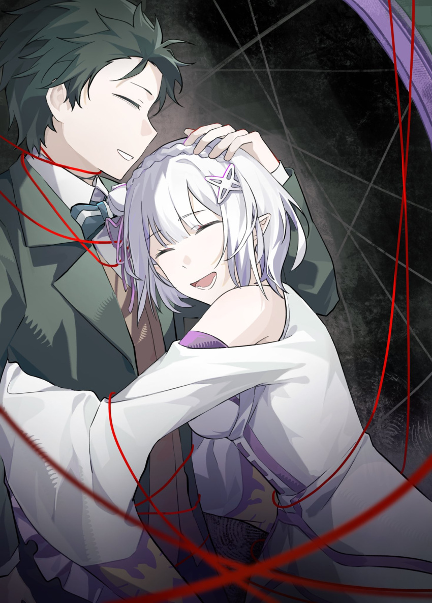 1boy, 1girl, alternate_hair_length_(shorter), black_hair, bow, bowtie, braid, center-flap_bangs