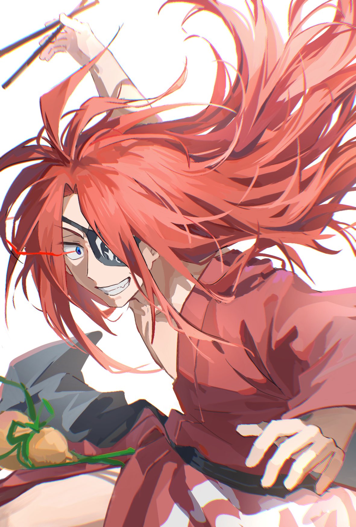 1boy, blue_eyes, chopsticks, commentary_request, eyepatch, food, gourd, grin