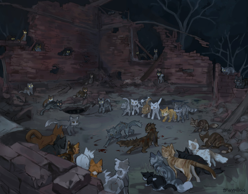 a_vision_of_shadows, absolutely_everyone, animal, animal_focus, artist_name, battle, blood, brick, brick_wall, canon_event, character_request, commentary, curlypaw, dodge_(warrior_cats), english_commentary, everyone, glowing, glowing_eyes, graypillow, hawkwing, highres, leafstar, night, no_humans, outdoors, pebbleshine, ruins, scenery, spoilers, story_in_commentary, tabby_cat, tree, warrior_cats, wide_shot