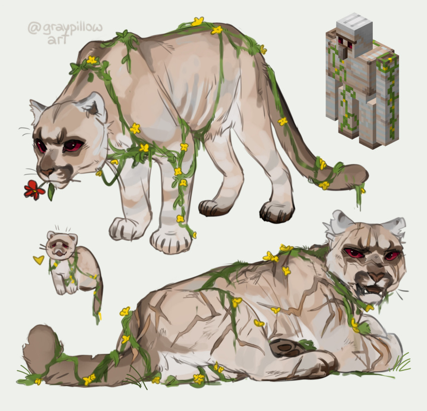 animal, animal_focus, animalization, artist_name, commentary, cougar, english_commentary, flower