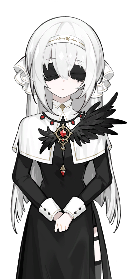 1girl, artist_request, blindfold, breasts, chest_jewel, closed_mouth, collared_dress, dress, facial_mark, hair_between_eyes, hair_down, hairband, jewelry, long_bangs, long_hair, long_sidelocks, long_sleeves, mark_under_eye, necklace, non-web_source, nun, official_art, petite, sidelocks, sleeve_cuffs, small_breasts, solo, thigh-highs, tlipoca, trainee_death_simulator, transparent_background