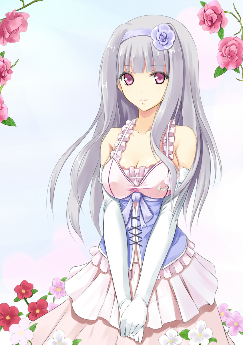 absurdres, bangs, bare_shoulders, blunt_bangs, collarbone, corset, dress, elbow_gloves