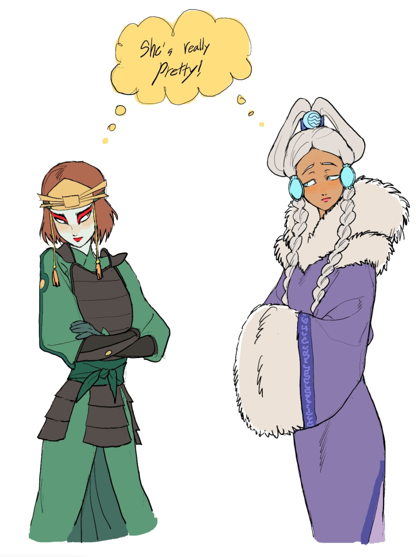 2girls, avatar:_the_last_airbender, avatar_legends, braid, brown_hair, commentary, crossed_arms, fur_trim