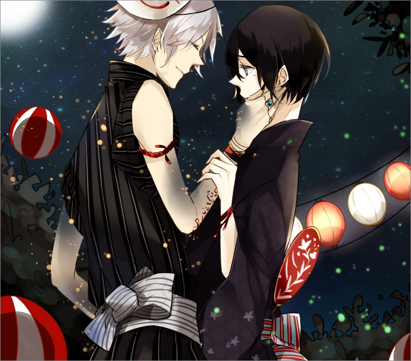 amane_mio, black_hair, blue_eyes, couple, festival, japanese_clothes, kimono, lantern, male, multiple_boys, original, paper_lantern, white_hair, yaoi, yukata