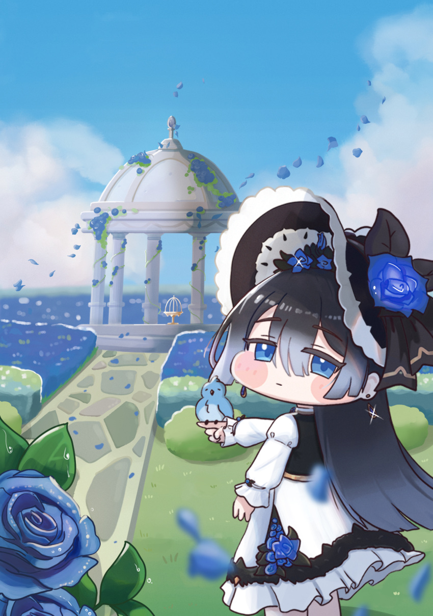 1girl, bird, bird_on_hand, black_bonnet, black_hair, black_vest, blanchet_(trickcal), blue_bird
