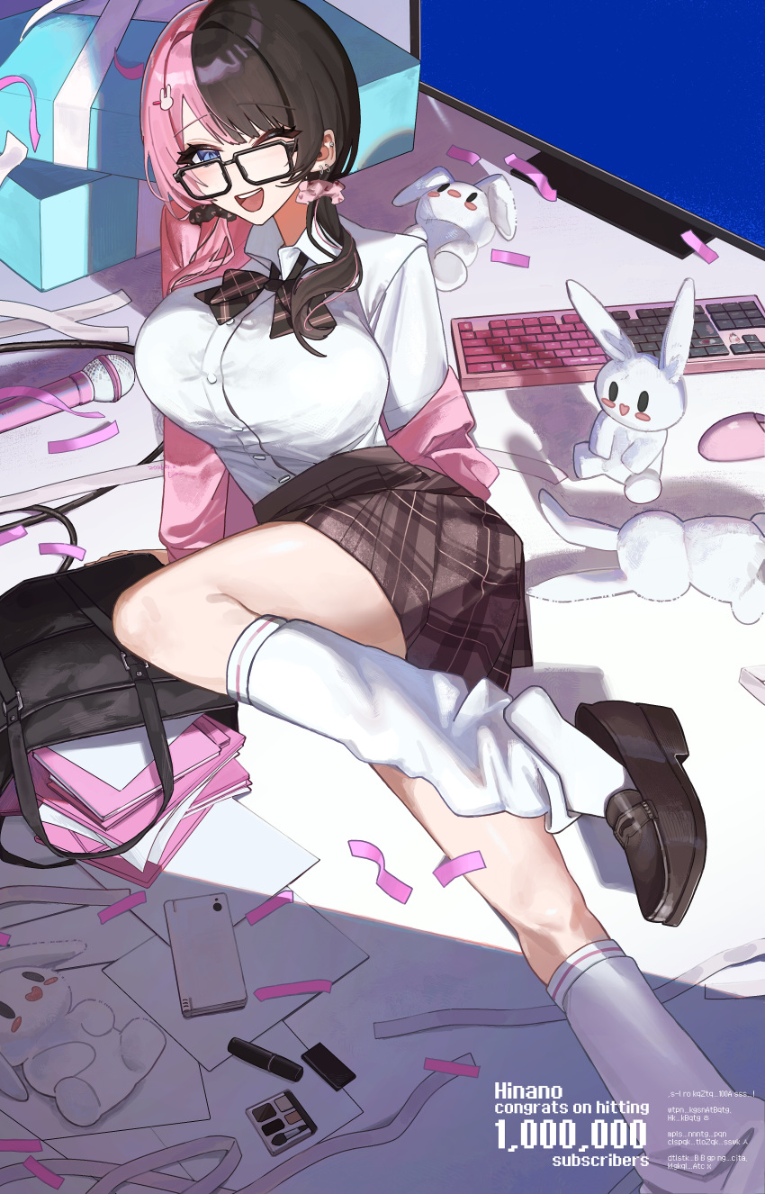 1girl, absurdres, breasts, brown_hair, glasses, gyaru, highres, jacket