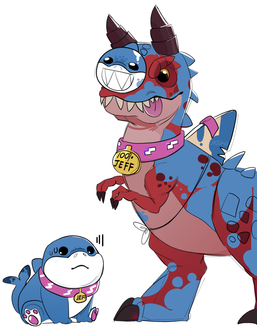 absurdres, bodypaint, character_name, claws, closed_mouth, collar, devil_dinosaur, dinosaur