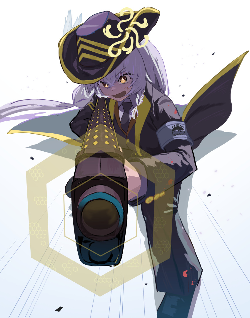 absurdres, aiming, aiming_at_viewer, alternate_costume, armband, black_coat, black_jacket, black_necktie, black_pants, blue_archive, coat, cosplay, eri_(blue_archive), grey_hair, gun, halo, highres, holding, holding_gun, holding_weapon, jacket, julmunui_songsari, limbus_company, looking_at_viewer, necktie, open_mouth, pants, project_moon, purple_armband, shirt, shouting, textless_version, weapon, white_shirt, wildhunt_art_academy_logo, yellow_eyes, yellow_halo