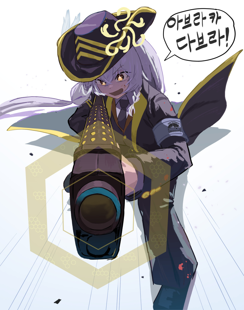absurdres, aiming, aiming_at_viewer, alternate_costume, armband, black_coat, black_jacket, black_necktie, black_pants, blue_archive, coat, cosplay, eri_(blue_archive), grey_hair, gun, halo, highres, holding, holding_gun, holding_weapon, jacket, julmunui_songsari, korean_text, limbus_company, looking_at_viewer, necktie, open_mouth, pants, project_moon, purple_armband, shirt, shouting, speech_bubble, translation_request, weapon, white_shirt, wildhunt_art_academy_logo, yellow_eyes, yellow_halo
