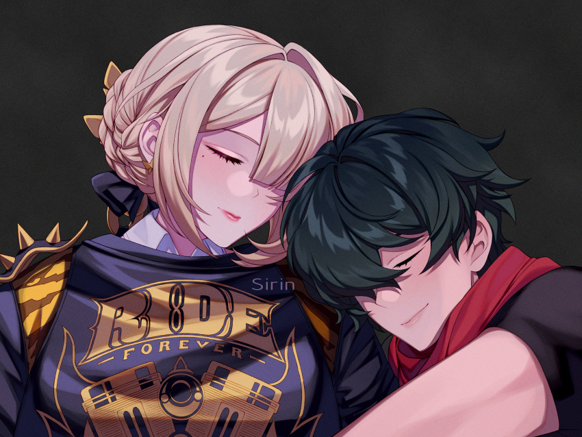black_background, black_shirt, blonde_hair, commission, evelyn_chevalier, hair_ornament, head_on_another's_shoulder, highres, hug, jacket, lighter_(zenless_zone_zero), mole, mole_under_eye, scarf, shirt, sirin_(sirinshome), sleeping, spikes, white_shirt, zenless_zone_zero
