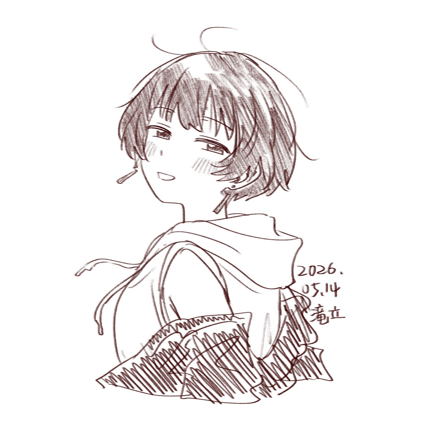 1girl, blush, chang_chin-lan, commentary, dated, earrings, greyscale, highres