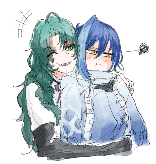 2girls, age_difference, black_gloves, blue_hair, blue_jacket, crache_(path_to_nowhere), gloves, green_eyes