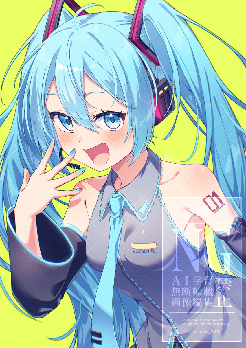 1girl, bare_shoulders, blue_eyes, blue_hair, blue_necktie, blush, breasts, grey_vest