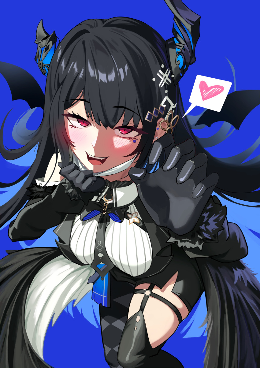 1girl, absurdres, black_feathers, black_gloves, black_hair, black_horns, black_pantyhose, black_vest