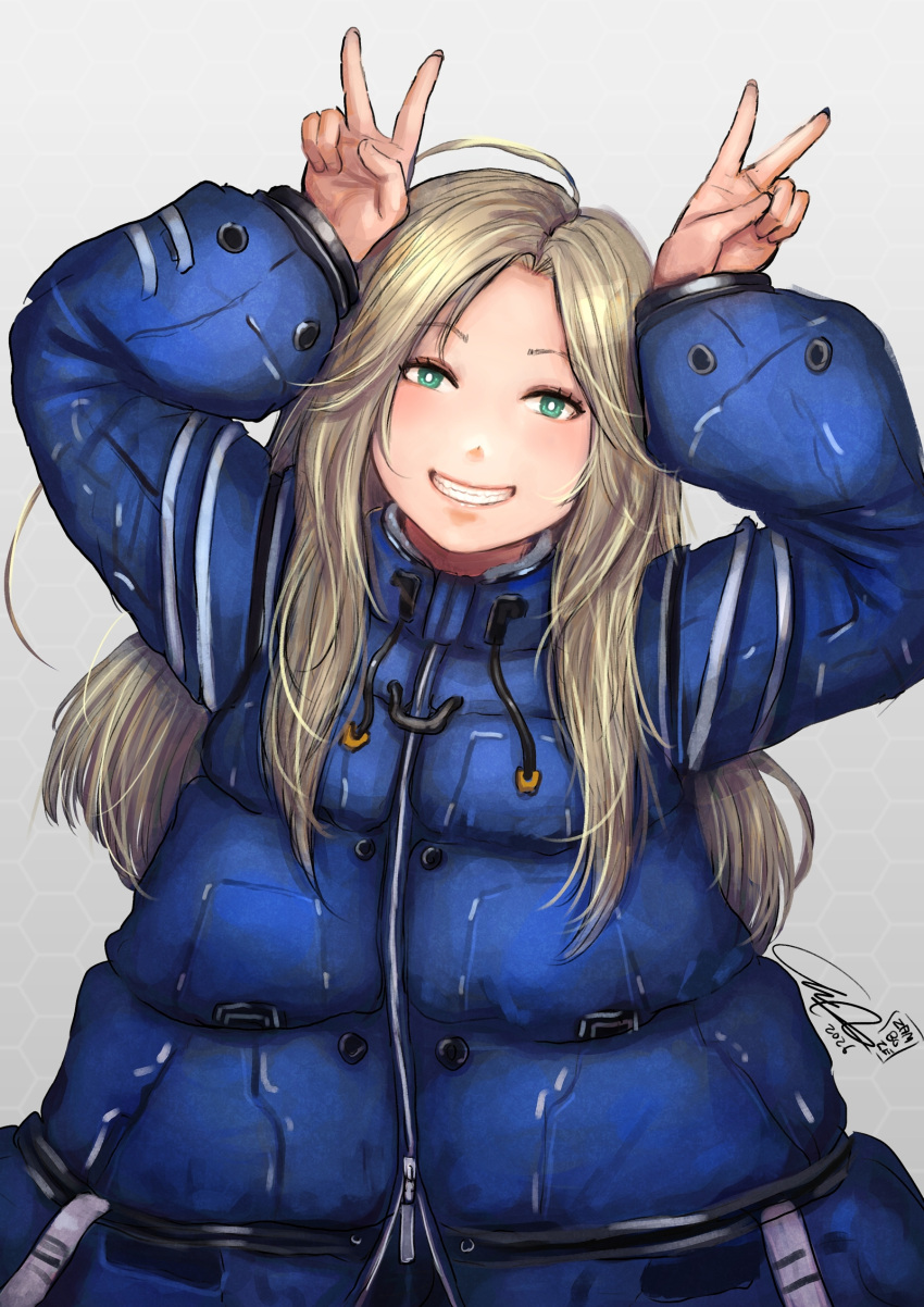 1girl, 2026, arms_up, blonde_hair, blue_coat, bright_pupils, coat, commentary