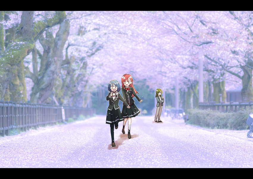 3girls, black_jacket, black_pantyhose, black_skirt, black_socks, blazer, blue_jacket, bow