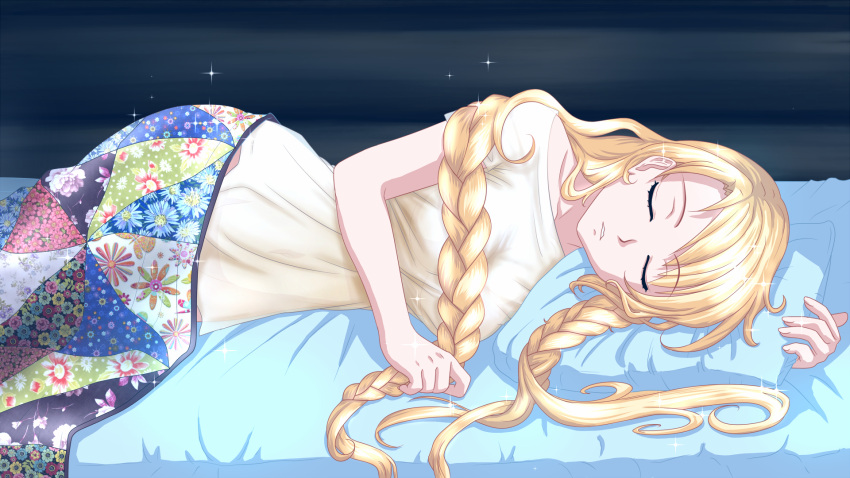 1girl, bed, bed_sheet, blanket, blonde_hair, braid, breasts, closed_eyes