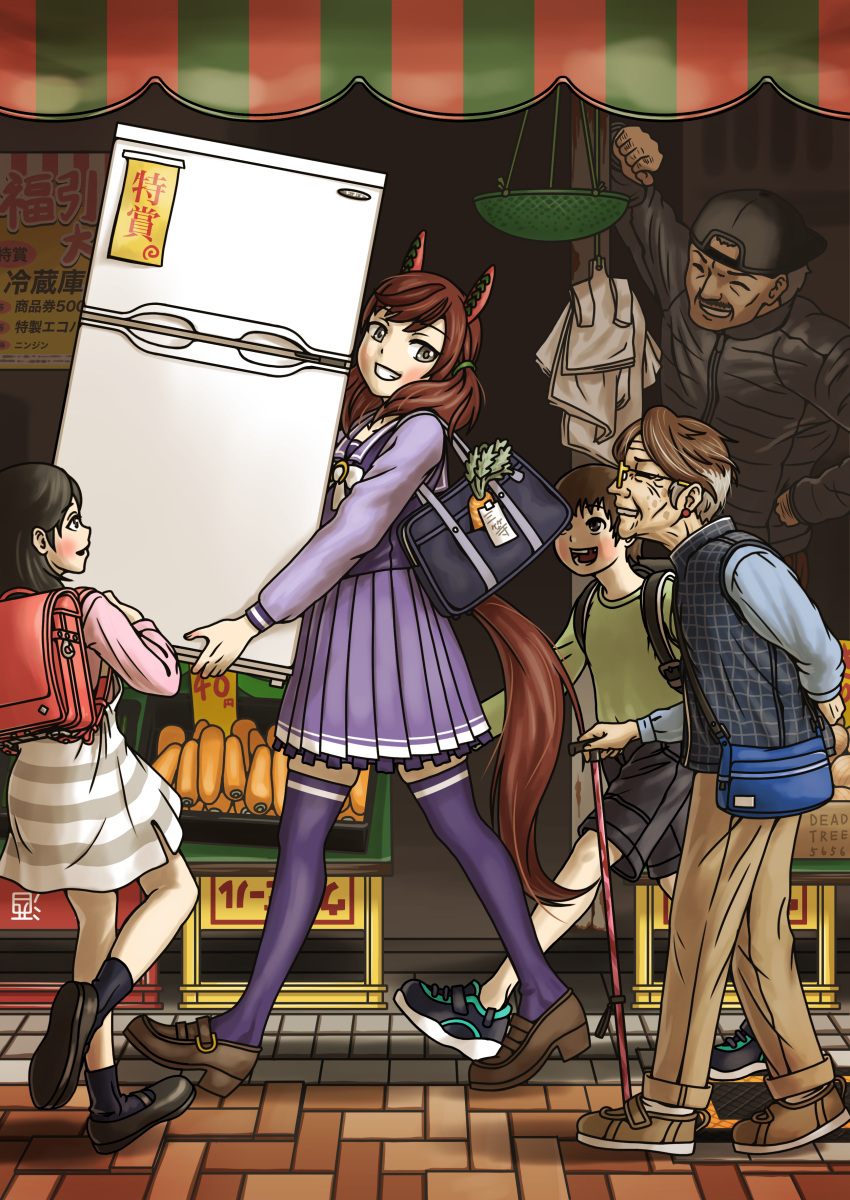 2girls, 3boys, absurdres, animal_ears, backpack, bag, baseball_cap, blush