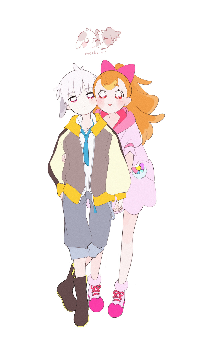 1boy, 1girl, 35kawaiiprpr, absurdres, boots, brown_hair, cheek-to-cheek, commentary_request