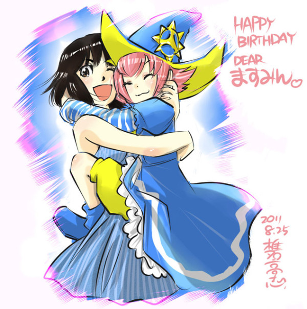 2girls, asano_masumi, black_hair, brown_eyes, closed_eyes, eyes_closed, happy_birthday, hat