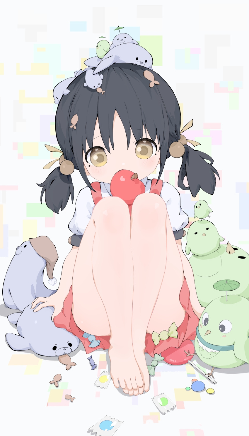 1girl, absurdres, apple, barefoot, black_hair, candy, commentary_request, covering_crotch