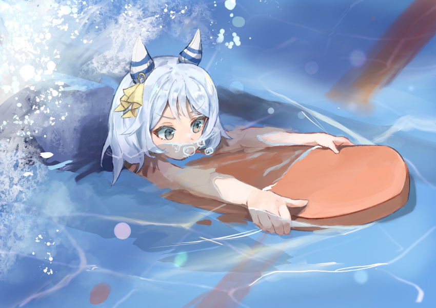 1girl, absurdres, air_bubble, animal_ears, aoniyoshi, blue_one-piece_swimsuit, brown_eyes, bubble