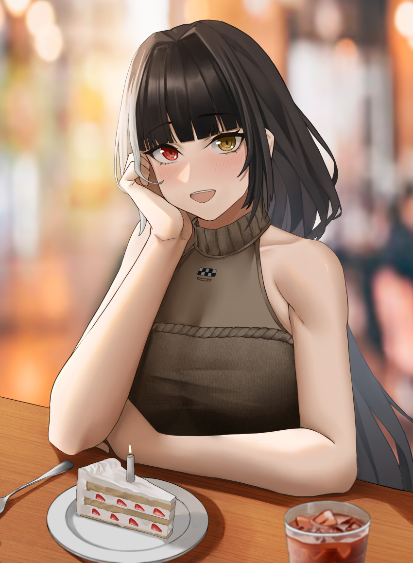 1girl, absurdres, bare_shoulders, black_hair, blurry, blurry_background, blush, brown_sweater_vest