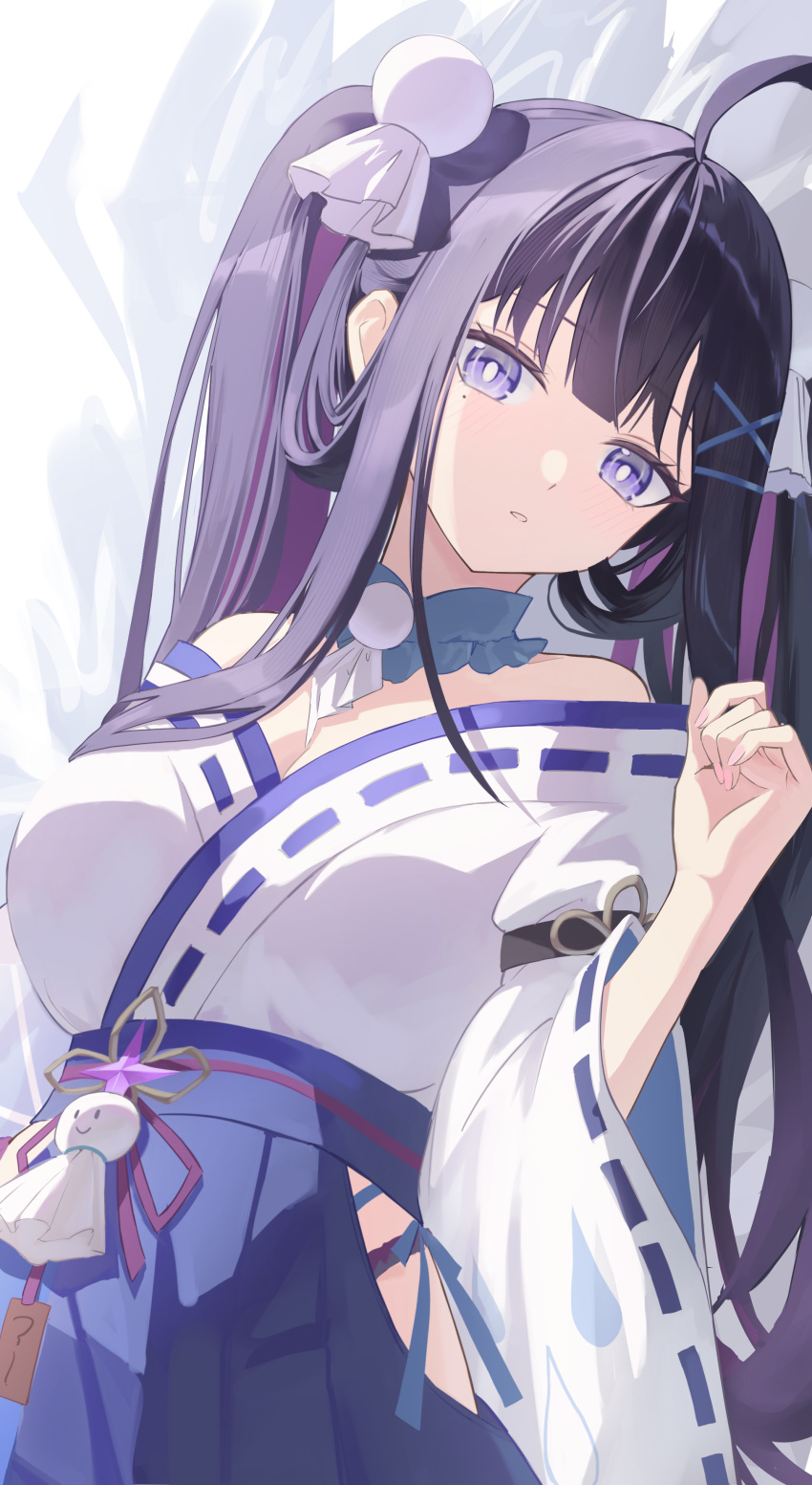 1girl, absurdres, ahoge, bare_shoulders, black_hair, blue_skirt, breasts, chitose_(stella_sora)