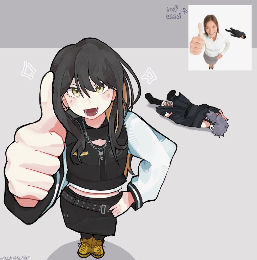 2girls, bang_dream!, bang_dream!_our_notes, black-framed_eyewear, black_boots, black_hair, black_jacket, black_skirt