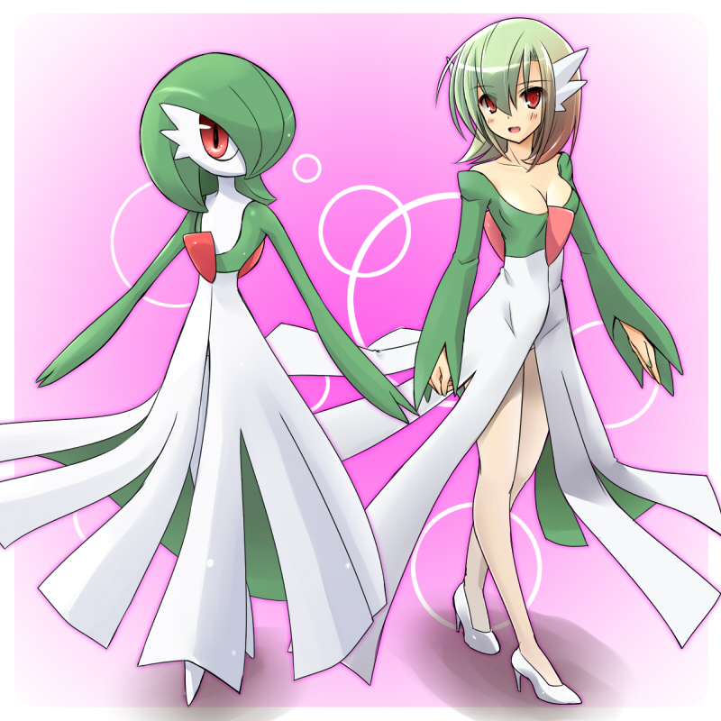 1girl, breasts, cleavage, female, gardevoir, green_hair, half-skirt, high_heels
