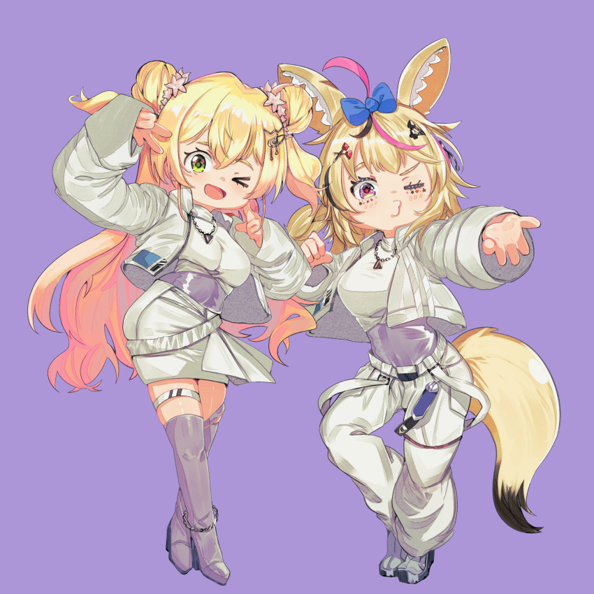2girls, ;), absurdres, animal_ear_fluff, animal_ears, black_streaks, blonde_hair, boots