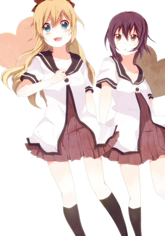 bad_id, black_legwear, blonde_hair, blue_eyes, bow, brown_eyes, footwear, funami_yui, hair_bow, hand_holding, holding_hands, kori, kosato, long_hair, multiple_girls, open_mouth, purple_hair, school_uniform, short_hair, simple_background, socks, toshinou_kyouko, yuru_yuri