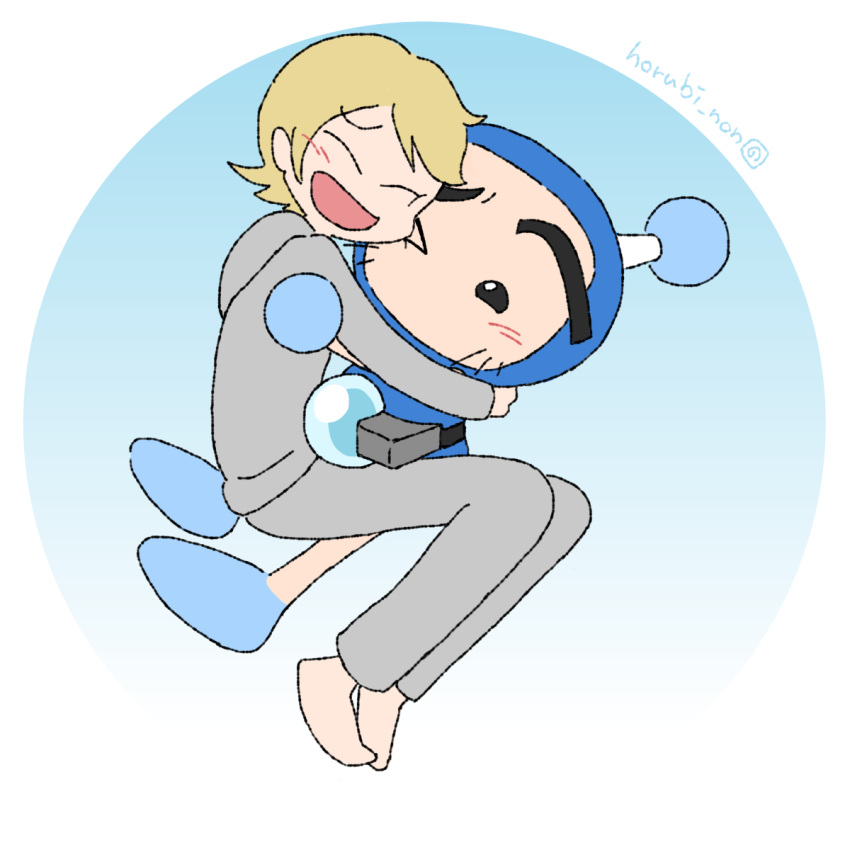 1boy, 1girl, b-daman, b-daman_bakugaiden, blonde_hair, blue_bomber_(b-daman), blush, bomberman